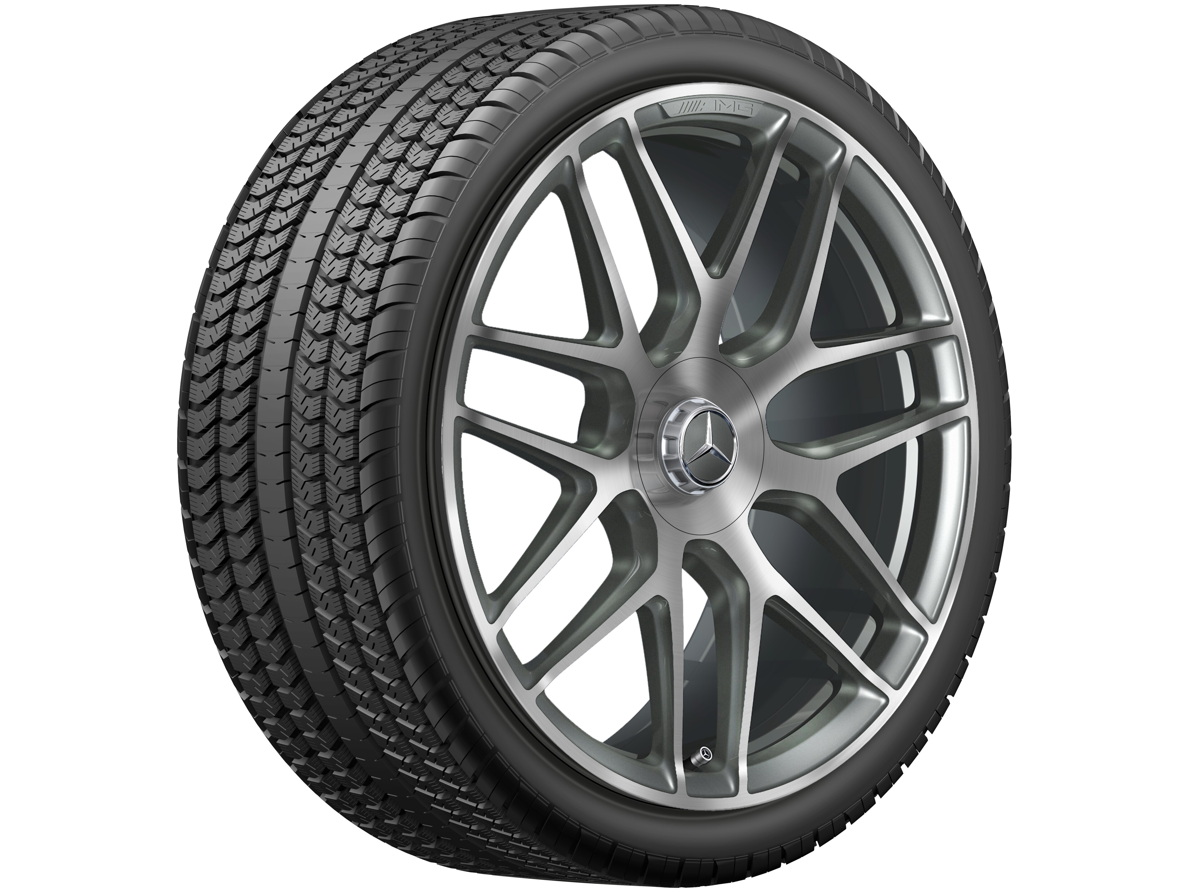 AMG 锻造车轮，, 采用交叉辐条设计, 55.9 cm（22 英寸） - 11,5 J x 22 ET 53, 钛灰, 经光泽车削处理