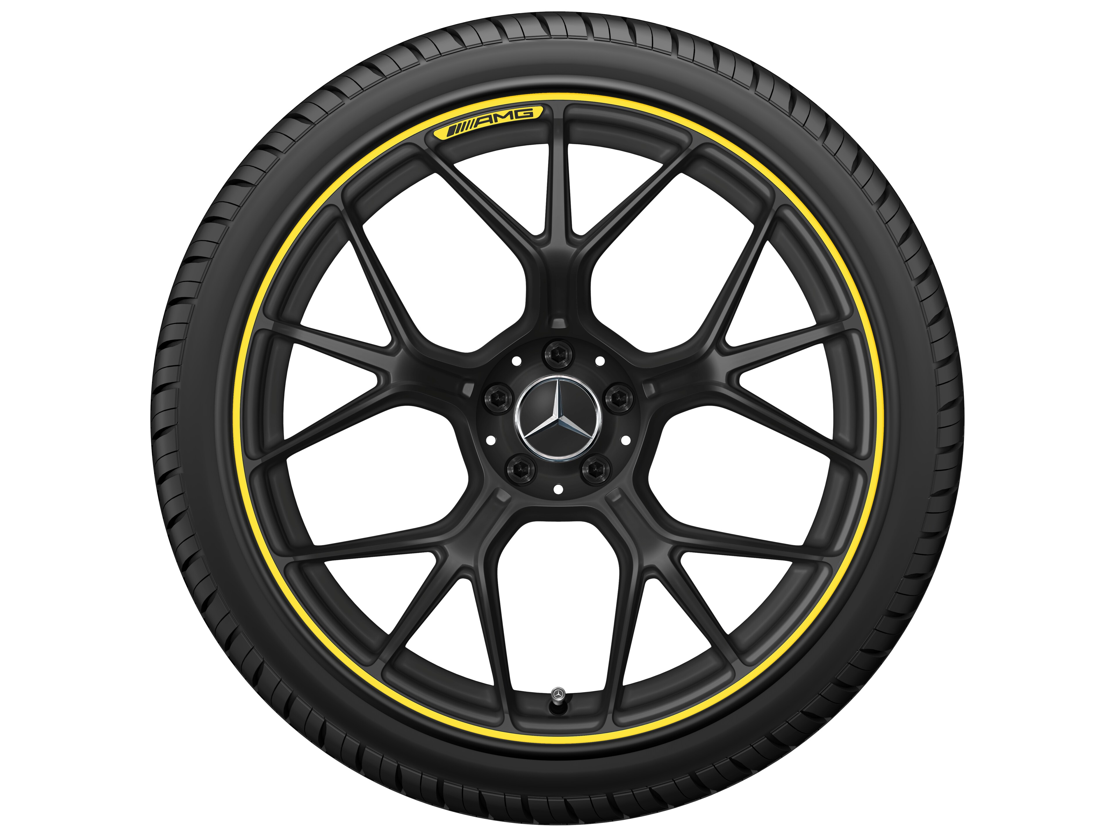 AMG 锻造车轮，, 采用交叉辐条设计, 50.8 cm（20 英寸） - 11 J x 20 ET 24,1, 黑色哑光 / 信号黄, 经光泽车削处理