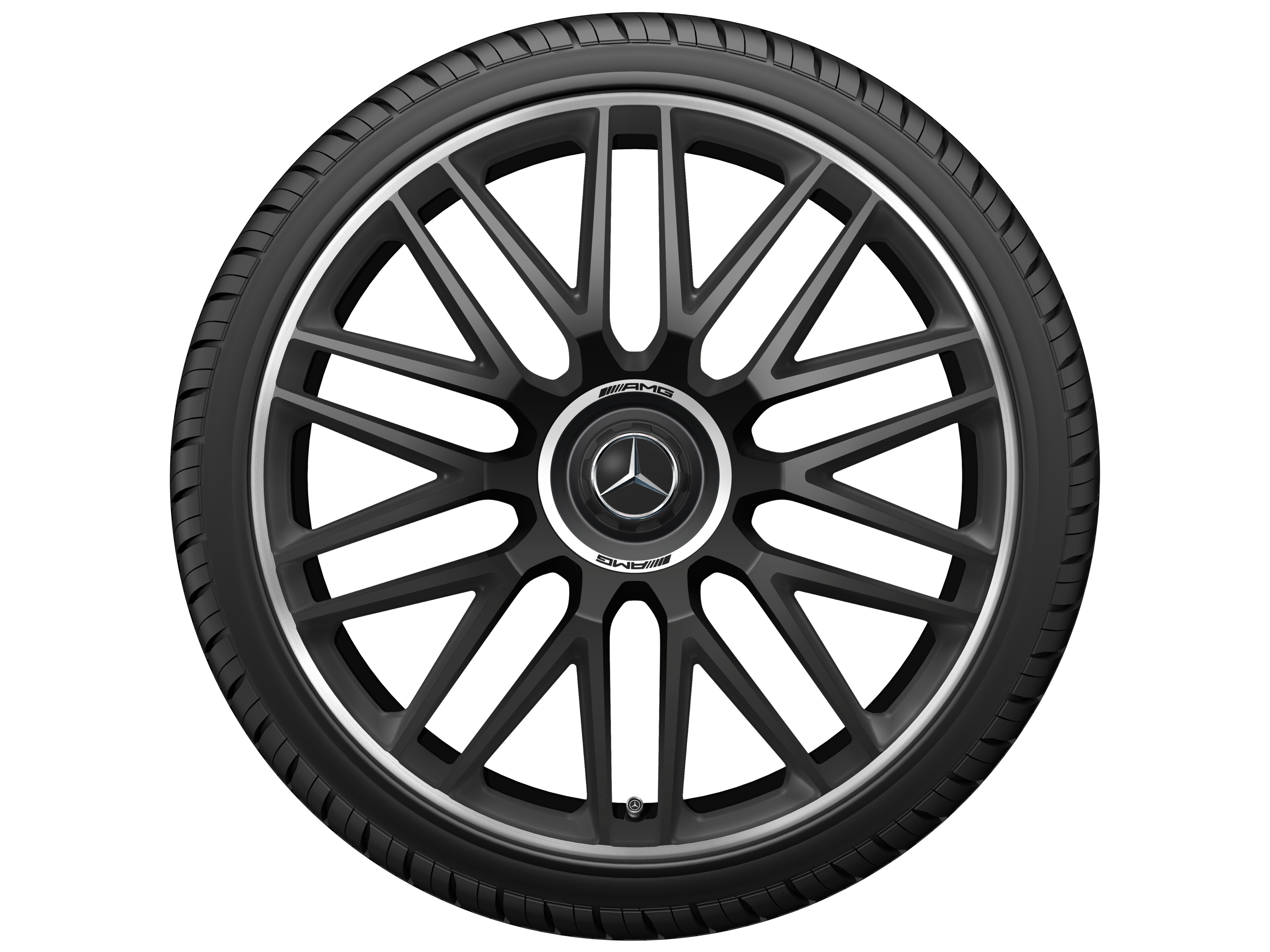 10 双辐设计 AMG 锻造车轮, 53.3 cm（21 英寸）, 高亮度处理轮辋凸缘 - 10,5 J x 21 ET 42, 黑色哑光, 高亮度处理轮辋凸缘