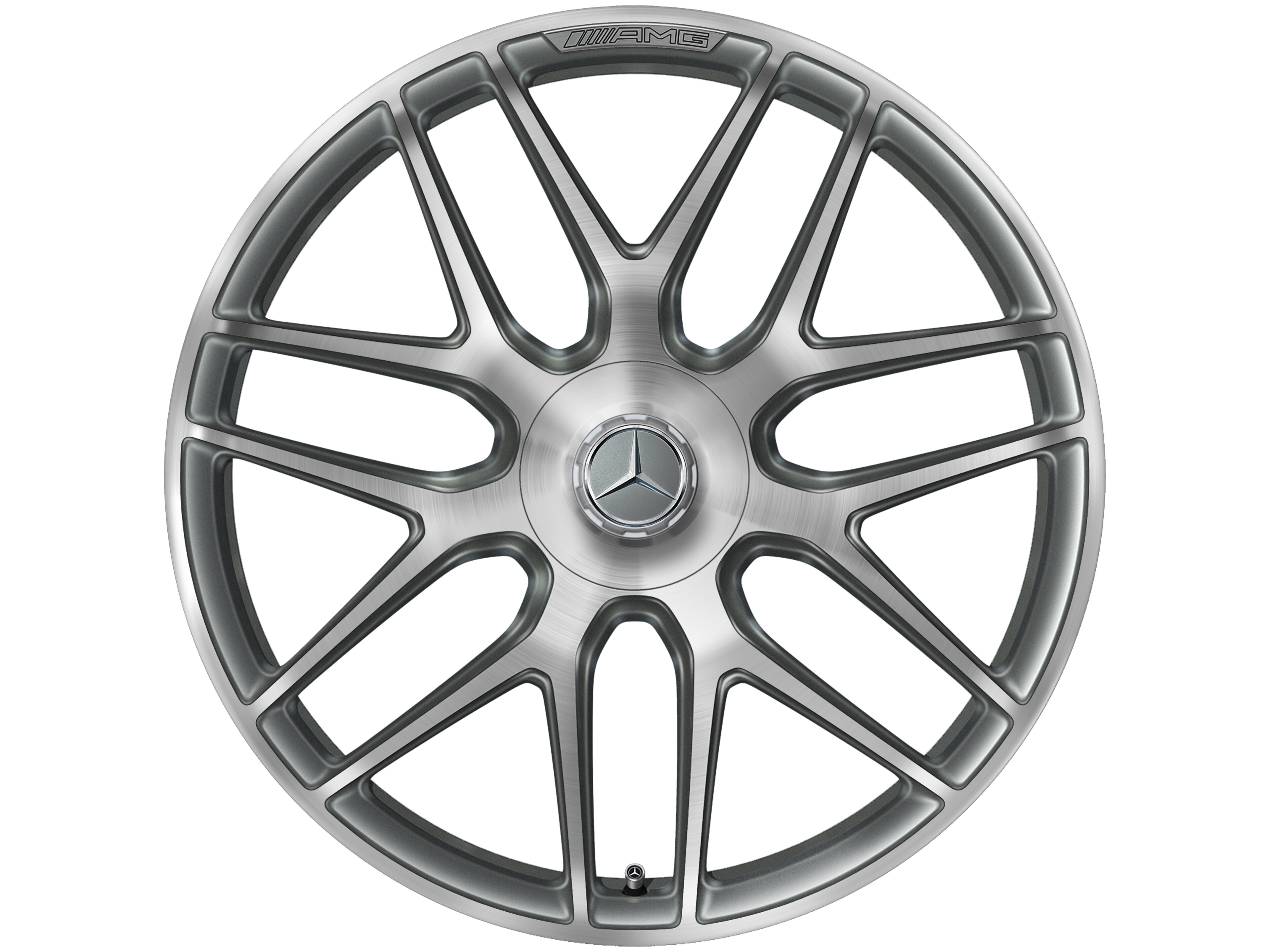 AMG 锻造车轮，, 采用交叉辐条设计, 55.9 cm（22 英寸） - 11,5 J x 22 ET 53, 钛灰, 经光泽车削处理
