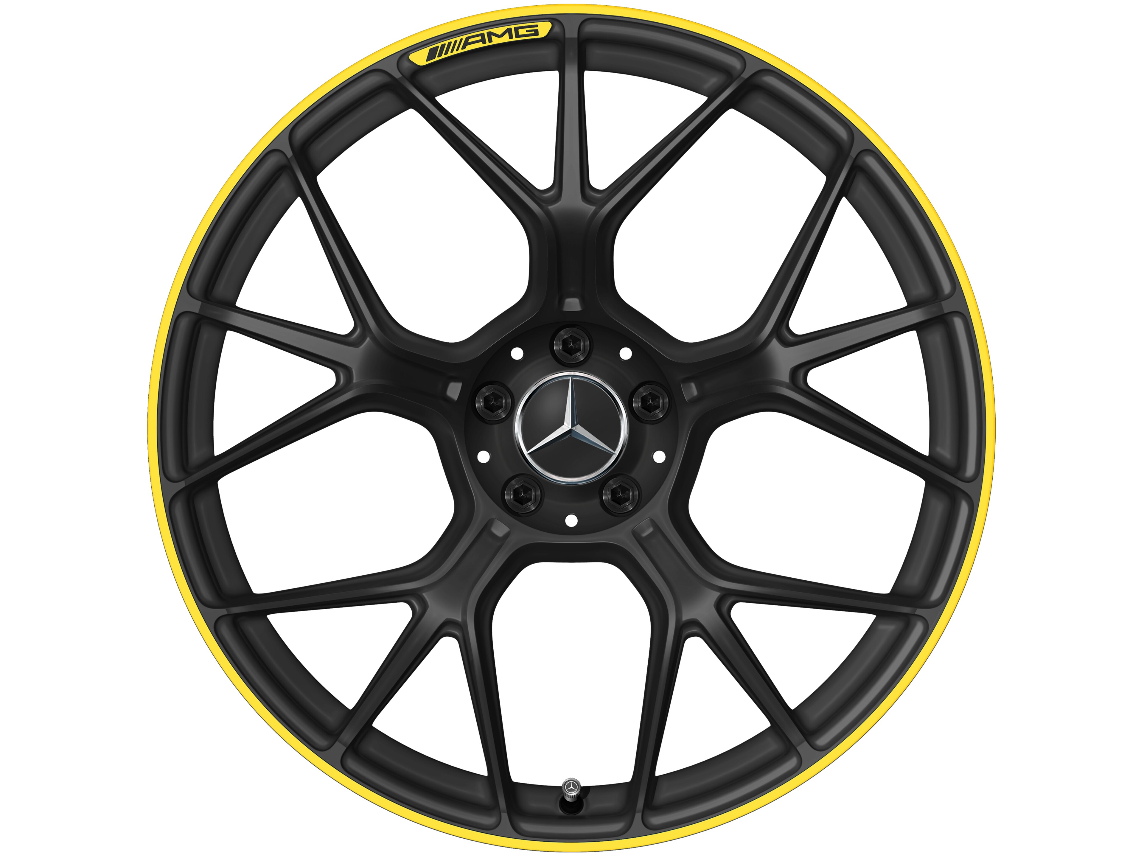 AMG 锻造车轮，, 采用交叉辐条设计, 50.8 cm（20 英寸） - 11 J x 20 ET 24,1, 黑色哑光 / 信号黄, 经光泽车削处理