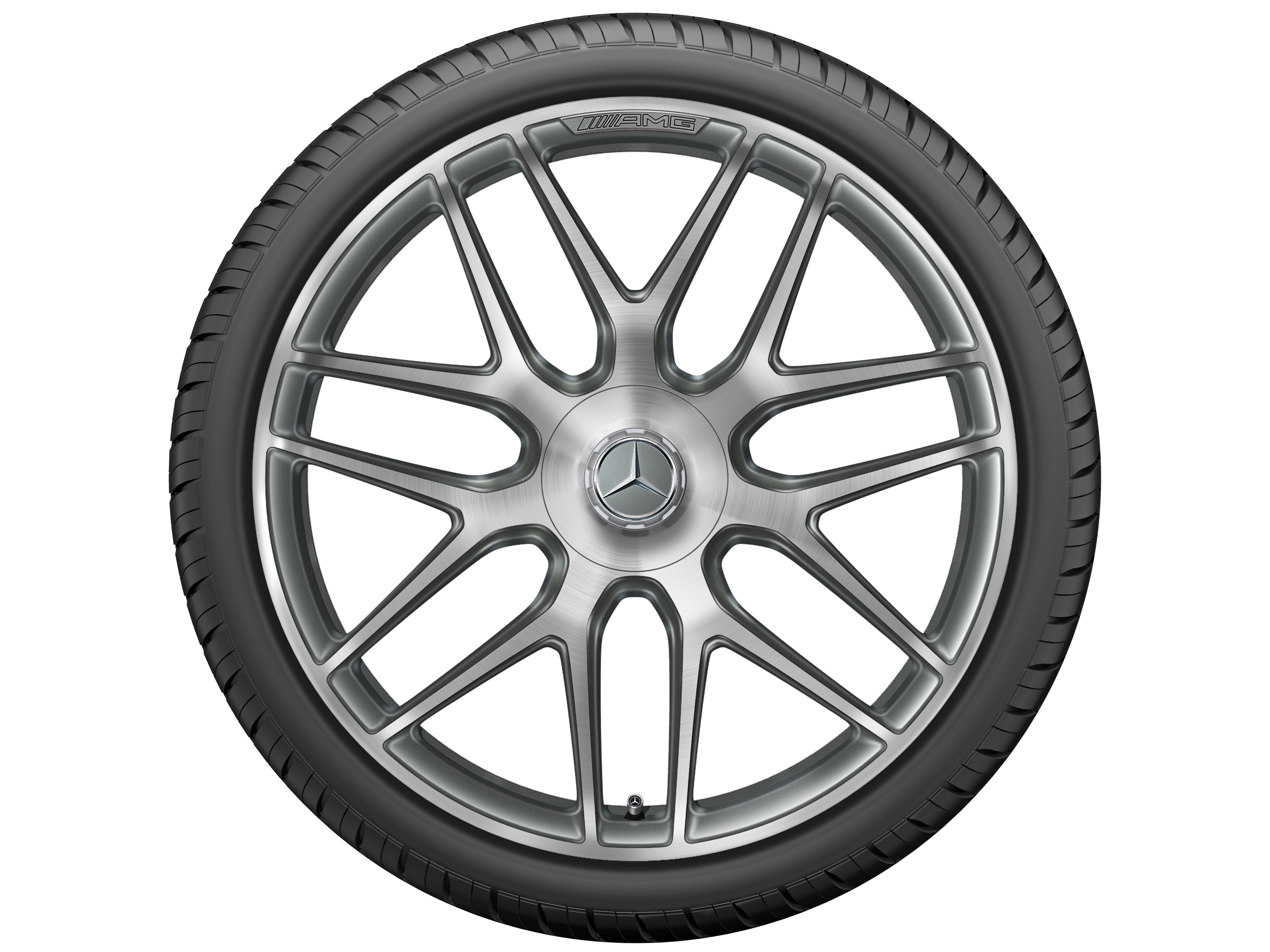 AMG 锻造车轮，, 采用交叉辐条设计, 55.9 cm（22 英寸） - 11,5 J x 22 ET 53, 钛灰, 经光泽车削处理
